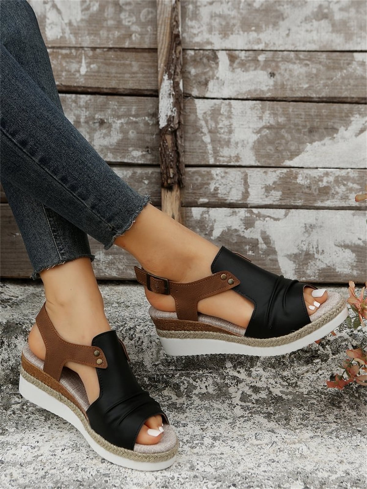 T-Space Women's Stylish Espadrilles Wedge Sandal Open Toe Ankle Buckle Strap Shoes,Comfy Wedge Shoes Brown