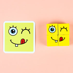 Wooden Expressions Matching Block Puzzle Educational Games Montessori STEM Toy for Kids Preschool Ages 3 Years and Up,Face-Changing Cube Building Blocks