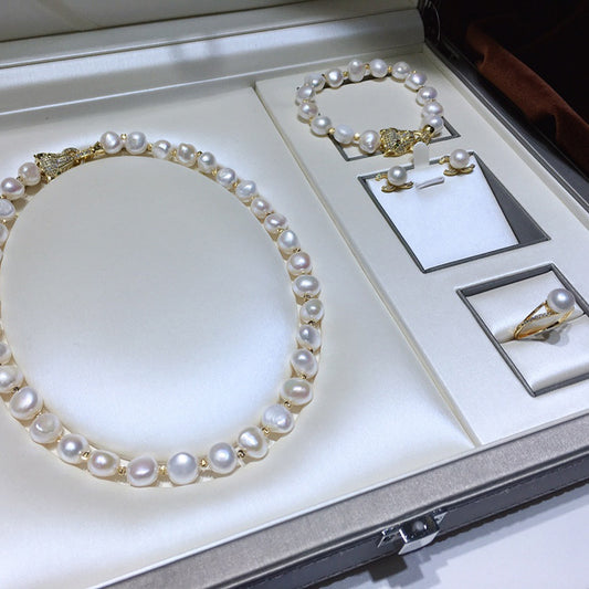 Pearl Necklace, Bracelet, Earrings, Ring Set of 4 - Lucky Leopard Head Spacer Beads 9-10mm