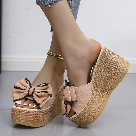 Women's Sandals Wedge Sandals Espadrilles Platform Sandals Bowknot Platform Wedge Heel Round Toe PU Loafer Solid Colored Black Rosy Pink Green