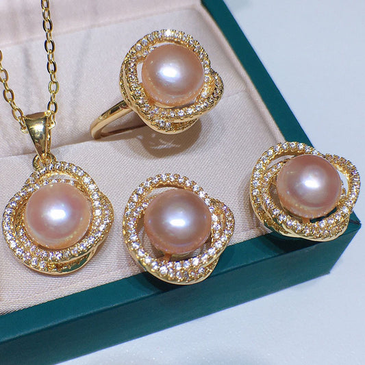 Natural Freshwater Pearl, Ring, Stud Earrings, Pendant Set Pink 8-9mm