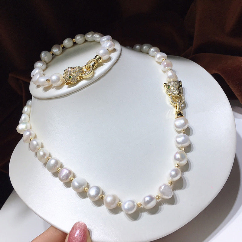 Pearl Necklace, Bracelet, Earrings, Ring Set of 4 - Lucky Leopard Head Spacer Beads 9-10mm