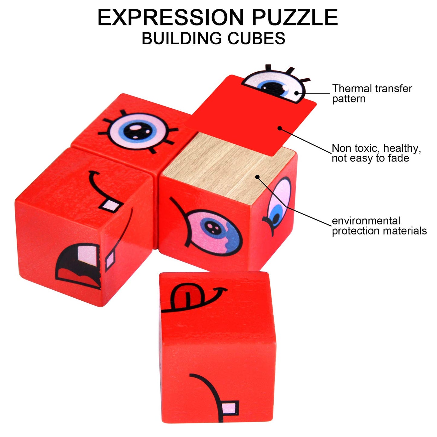 Wooden Expressions Matching Block Puzzle Educational Games Montessori  Toy for Kids Preschool Ages 3 Years and Up,Face-Changing Cube Building Blocks