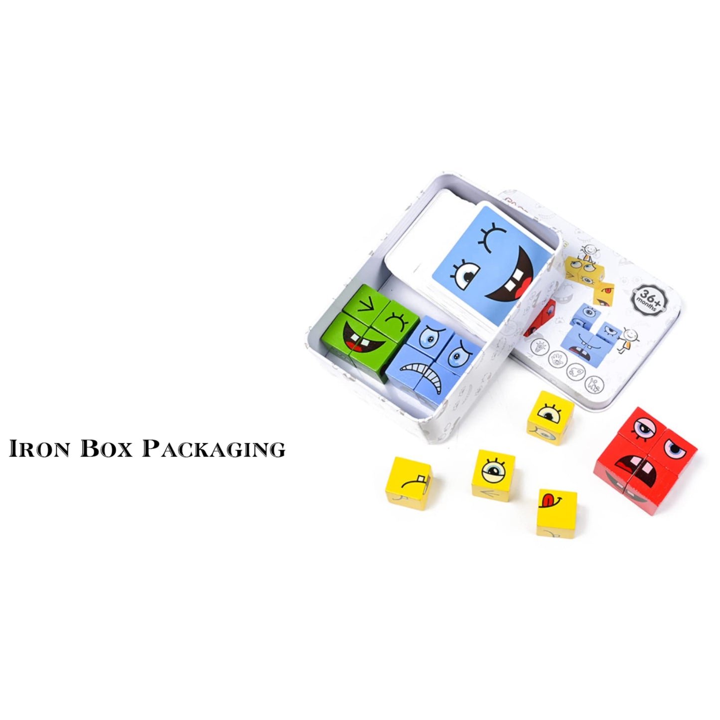 Wooden Expressions Matching Block Puzzle Educational Games Montessori STEM Toy for Kids Preschool Ages 3 Years and Up,Face-Changing Cube Building Blocks