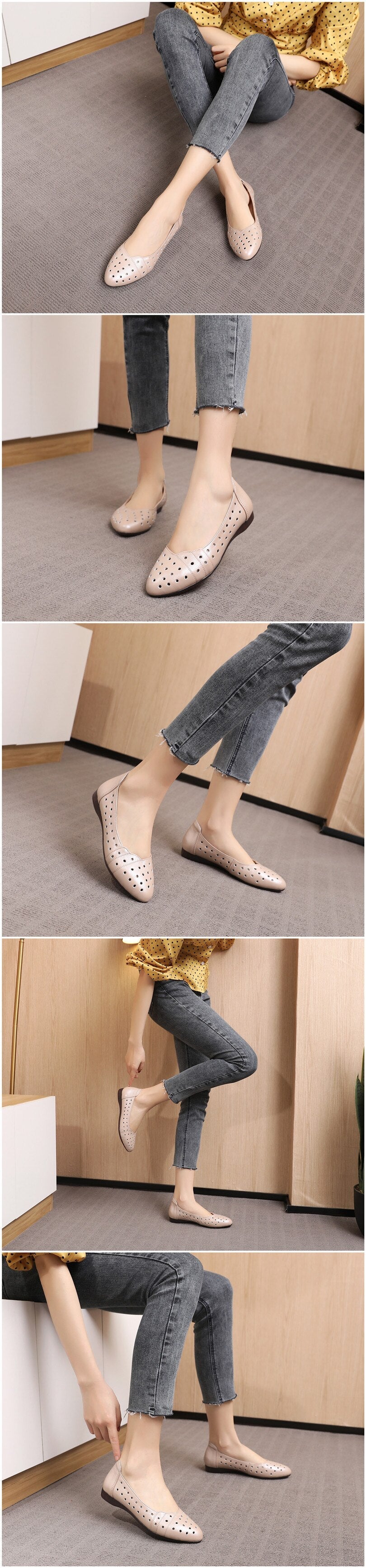 Women Flat shoes Low Heel Hollow Out Breathable Leather Soft Sandals