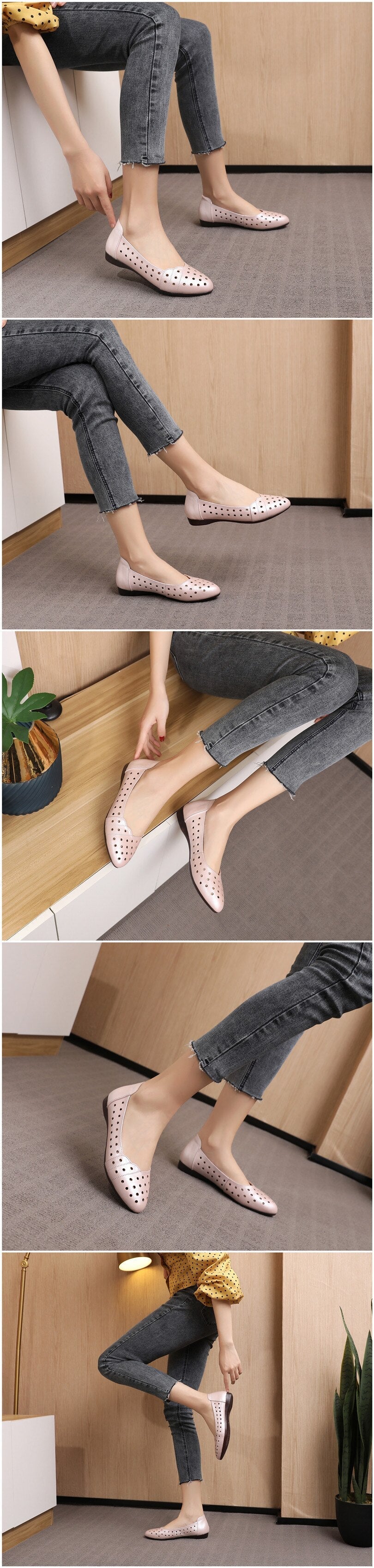 Women Flat shoes Low Heel Hollow Out Breathable Leather Soft Sandals