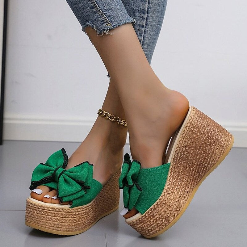 Women's Sandals Wedge Sandals Espadrilles Platform Sandals Bowknot Platform Wedge Heel Round Toe PU Loafer Solid Colored Black Rosy Pink Green