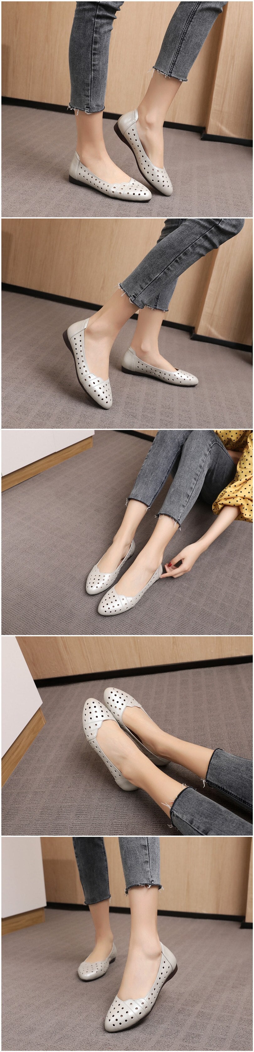 Women Flat shoes Low Heel Hollow Out Breathable Leather Soft Sandals