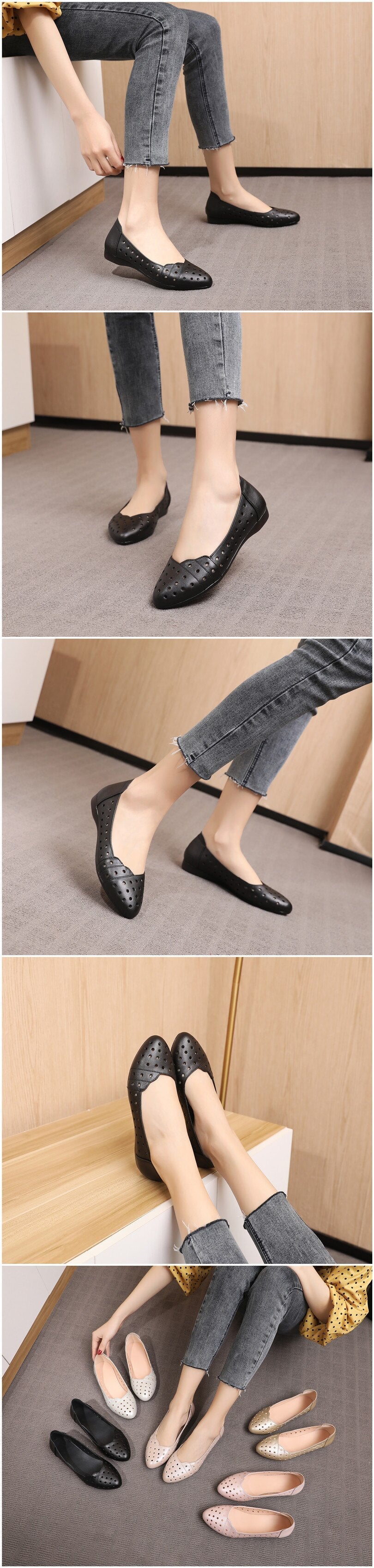 Women Flat shoes Low Heel Hollow Out Breathable Leather Soft Sandals