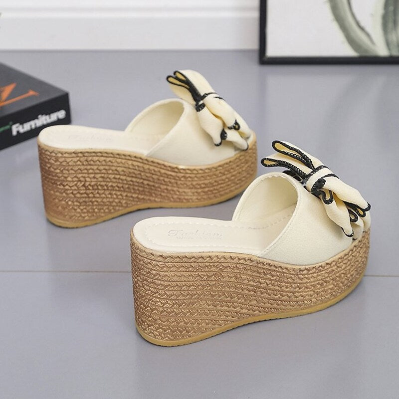 Women's Sandals Wedge Sandals Espadrilles Platform Sandals Bowknot Platform Wedge Heel Round Toe PU Loafer Solid Colored Black Rosy Pink Green