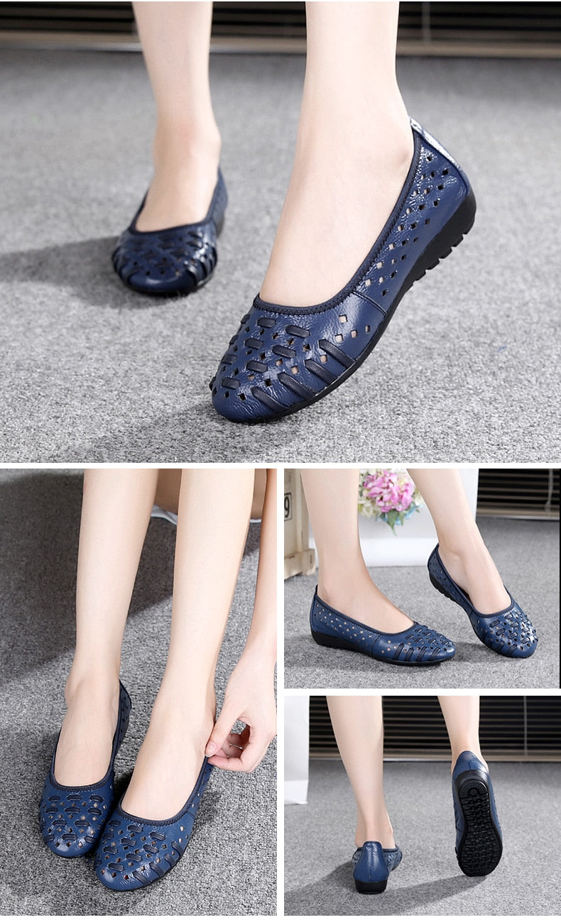 Fashion Genuine Leather Casual Loafers Shoes Women Sandals Summer Shoes Flats with Hollow Out Size 35-43