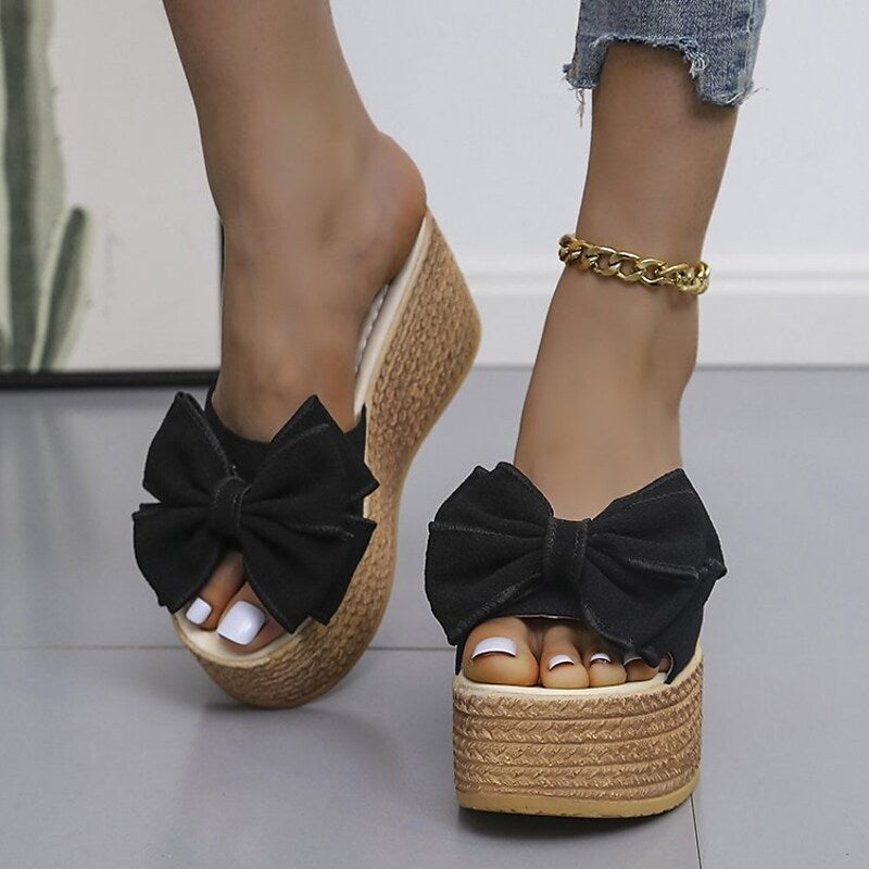 Women's Sandals Wedge Sandals Espadrilles Platform Sandals Bowknot Platform Wedge Heel Round Toe PU Loafer Solid Colored Black Rosy Pink Green