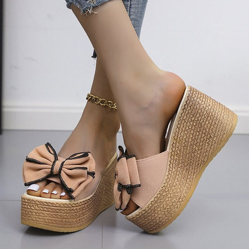Women's Sandals Wedge Sandals Espadrilles Platform Sandals Bowknot Platform Wedge Heel Round Toe PU Loafer Solid Colored Black Rosy Pink Green